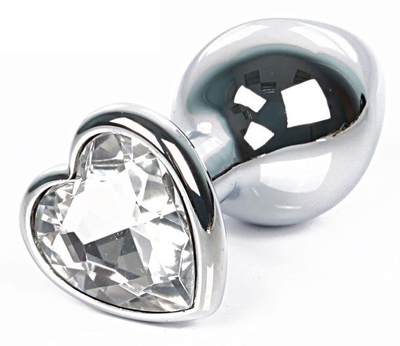 Серебристая анальная пробка с прозрачным кристаллом-сердцем размера L - 9,5 см. - фото, цены