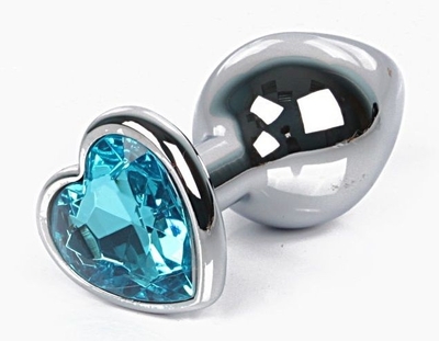 Серебристая анальная пробка с голубым кристаллом-сердцем размера L - 9,5 см. - фото, цены