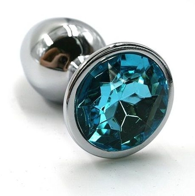 Серебристая алюминиевая анальная пробка с голубым кристаллом - 6 см. - фото, цены