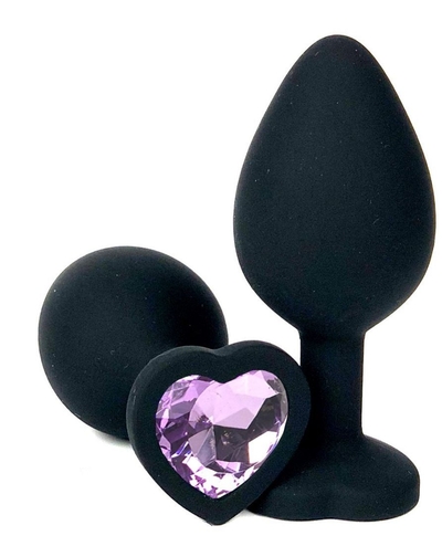 Черная силиконовая пробка с сиреневым кристаллом-сердечком - 7 см. - фото, цены