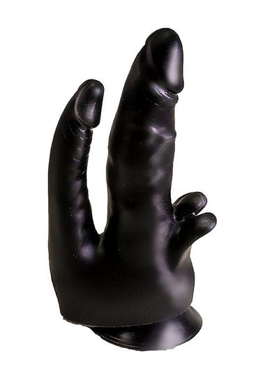Чёрный двойной фаллоимитатор с клиторальными лепестками - 17 см. - фото, цены
