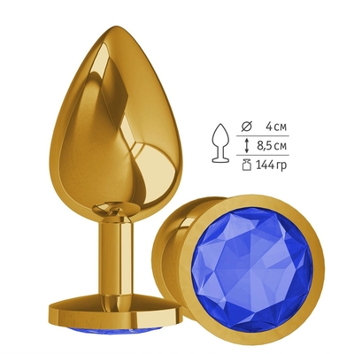 Золотистая большая анальная пробка с синим кристаллом - 9,5 см. - фото, цены