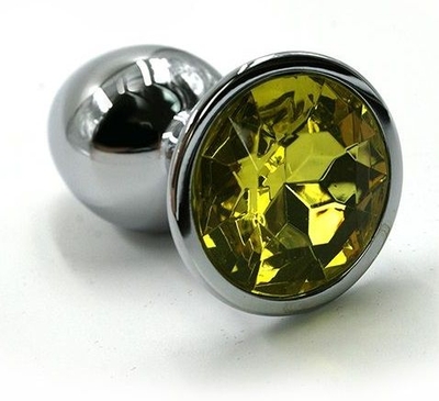 Серебристая алюминиевая анальная пробка с желтым кристаллом - 6 см. - фото, цены