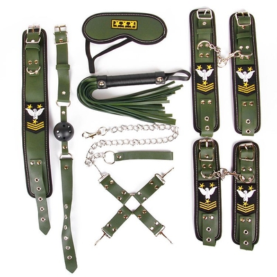 Набор в армейской тематике: наручники, оковы, ошейник с поводком, кляп, маска, плеть, фиксатор - фото, цены