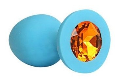 Голубая силиконовая анальная пробка с оранжевым кристаллом - 9,5 см. - фото, цены