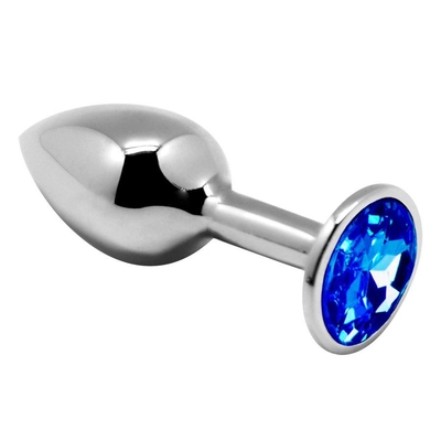 Серебристая анальная втулка с синим кристаллом Mini Metal Butt Plug Size M - 8 см. - фото, цены