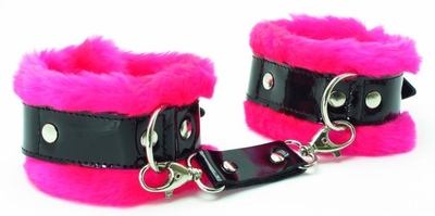 Розовые меховые наручники с ремешками из лакированной кожи - фото, цены