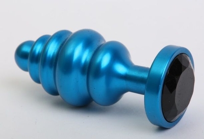 Синяя ребристая анальная пробка с чёрным кристаллом - 7,3 см. - фото, цены