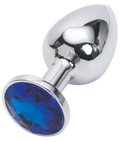 Серебряная металлическая анальная пробка с синим стразиком - 7,6 см. - фото, цены