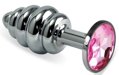 Серебристая рельефная анальная пробка с нежно-розовым кристаллом - 7,5 см. - фото, цены