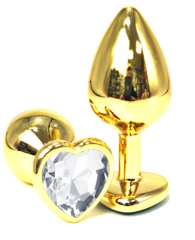 Золотистая анальная пробка с прозрачным кристаллом-сердцем - 7 см. - фото, цены