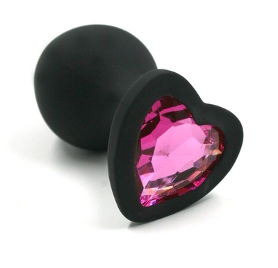 Черная анальная пробка из силикона с розовым кристаллом в форме сердца - 8,8 см. - фото, цены