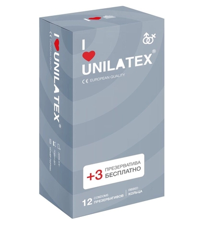 Презервативы с рёбрами Unilatex Ribbed - 12 шт. + 3 шт. в подарок - фото, цены