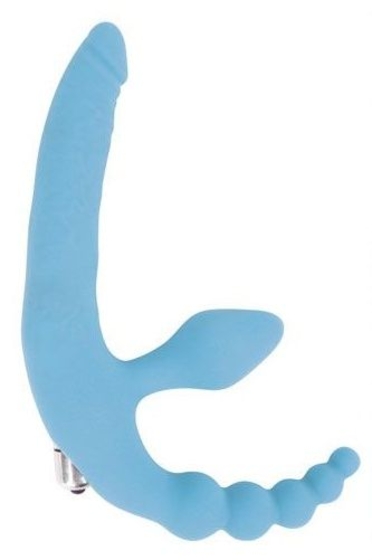 Голубой безремневой страпон с анальным отростком и вибрацией - 15 см. - фото, цены