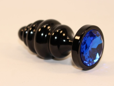 Черная фигурная анальная пробка с синим кристаллом - 8,2 см. - фото, цены