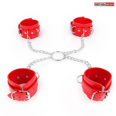 Комплект красных наручников и оков на металлических креплениях с кольцом - фото, цены
