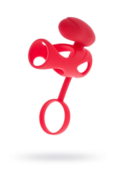 Красная насадка на пенис с клиторальным стимулятором - фото, цены