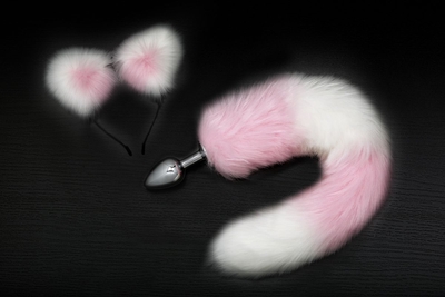 Серебристая анальная пробка с розово-белым хвостиком и ободком-ушками - фото, цены
