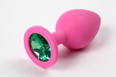 Розовая силиконовая анальная пробка с зеленым стразом - 8,2 см. - фото, цены