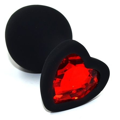 Черная анальная силиконовая пробка с красным кристаллом в форме сердца - 8,8 см. - фото, цены
