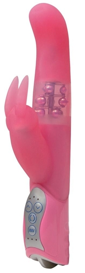 Розовый вибратор Pearl Bunny с загнутой головкой и клиторальным зайчиком - 26 см. - фото, цены