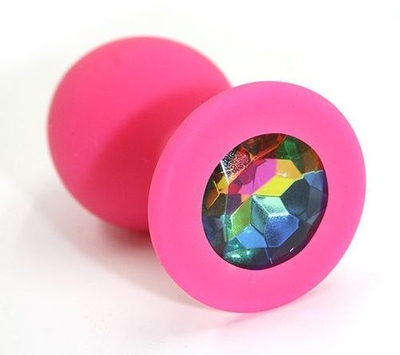 Розовая силиконовая анальная пробка с радужным кристаллом - 7 см. - фото, цены