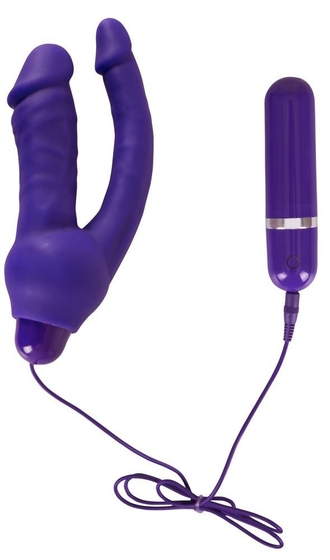 Фиолетовый анально-вагинальный вибратор с выносным блоком управления - 16 см. - фото, цены