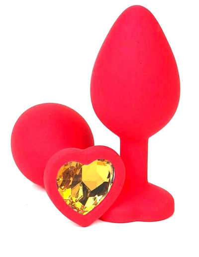 Красная силиконовая анальная пробка с оранжевым стразом-сердцем - 8 см. - фото, цены