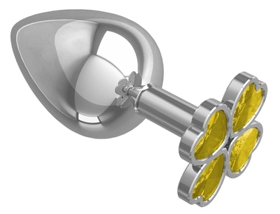 Серебристая анальная пробка-клевер с желтым кристаллом - 8,5 см. - фото, цены