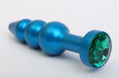 Синяя фигурная анальная пробка с зелёным кристаллом - 11,2 см. - фото, цены