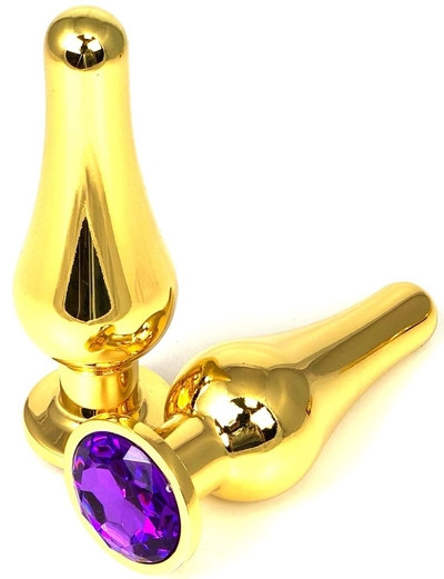 Золотистая удлиненная анальная пробка с фиолетовым кристаллом - 11,5 см. - фото, цены