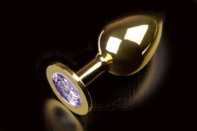 Большая золотая анальная пробка с закругленным кончиком и сиреневым кристаллом - 9 см. - фото, цены