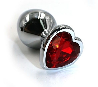 Серебристая анальная пробка с красным кристаллом-сердцем - 7 см. - фото, цены