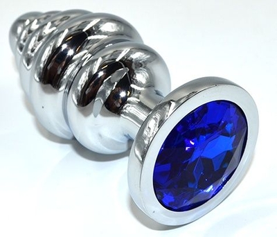 Серебристая анальная пробка из нержавеющей стали с синим кристаллом - 8,8 см. - фото, цены