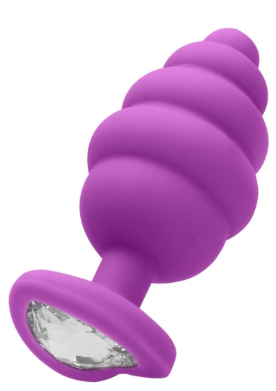 Фиолетовая анальная пробка Large Ribbed Diamond Heart Plug - 8 см. - фото, цены