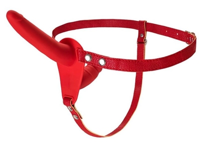 Красный страпон на ремнях с вагинальной пробкой - 15 см. - фото, цены