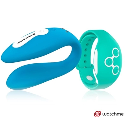Голубой вибратор для пар с зеленым пультом-часами Weatwatch Dual Pleasure Vibe - фото, цены