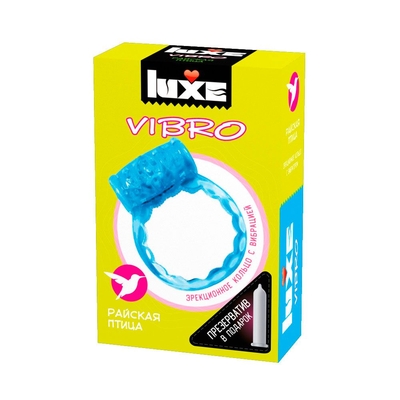 Голубое эрекционное виброкольцо Luxe Vibro Райская птица + презерватив - фото, цены