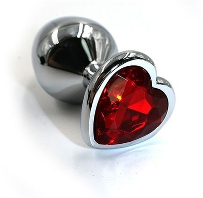 Серебристая анальная пробка с красным кристаллом-сердцем - 8,2 см. - фото, цены