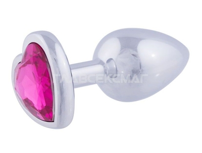 Серебристая анальная пробка с ярко-розовым кристаллом-сердцем - 7 см. - фото, цены