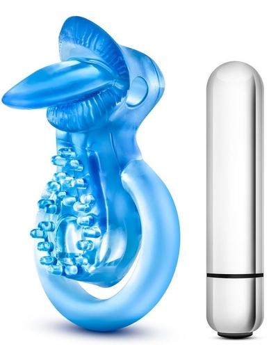 Голубое эрекционное виброкольцо 10 Function Vibrating Tongue Ring - фото, цены