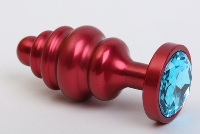 Красная ребристая анальная пробка с голубым стразом - 7,3 см. - фото, цены