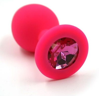 Розовая силиконовая анальная пробка с тёмно-розовым кристаллом - 7 см. - фото, цены