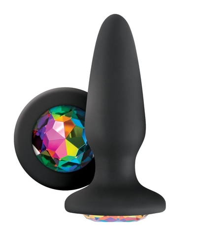 Черная силиконовая анальная пробка с радужным кристаллом Rainbow Gem - 10,4 см. - фото, цены
