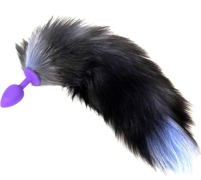 Фиолетовая силиконовая анальная пробка с черным хвостом - размер S - фото, цены