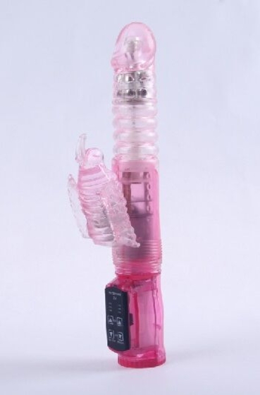 Розовый вибратор с ротацией, функцией Up Down и клиторальным отростком - 23,5 см. - фото, цены
