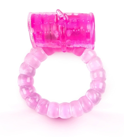 Розовое рельефное эрекционное кольцо с вибропулей - фото, цены