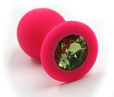 Розовая силиконовая анальная пробка с светло-зеленым кристаллом - 7 см. - фото, цены