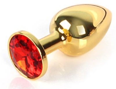 Золотистая анальная пробка с красным кристаллом размера M - 8 см. - фото, цены