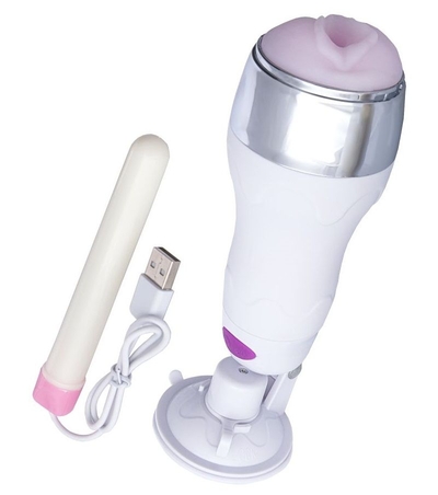 Мастурбатор-вагина в белой колбе с присоской и функцией нагрева - фото, цены